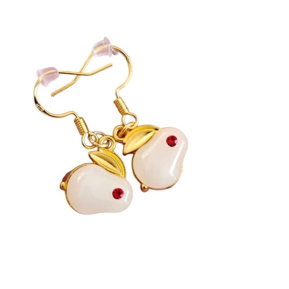 White Stone Gold Bunny Charm Dangle Earrings - Picture 1 of 3
